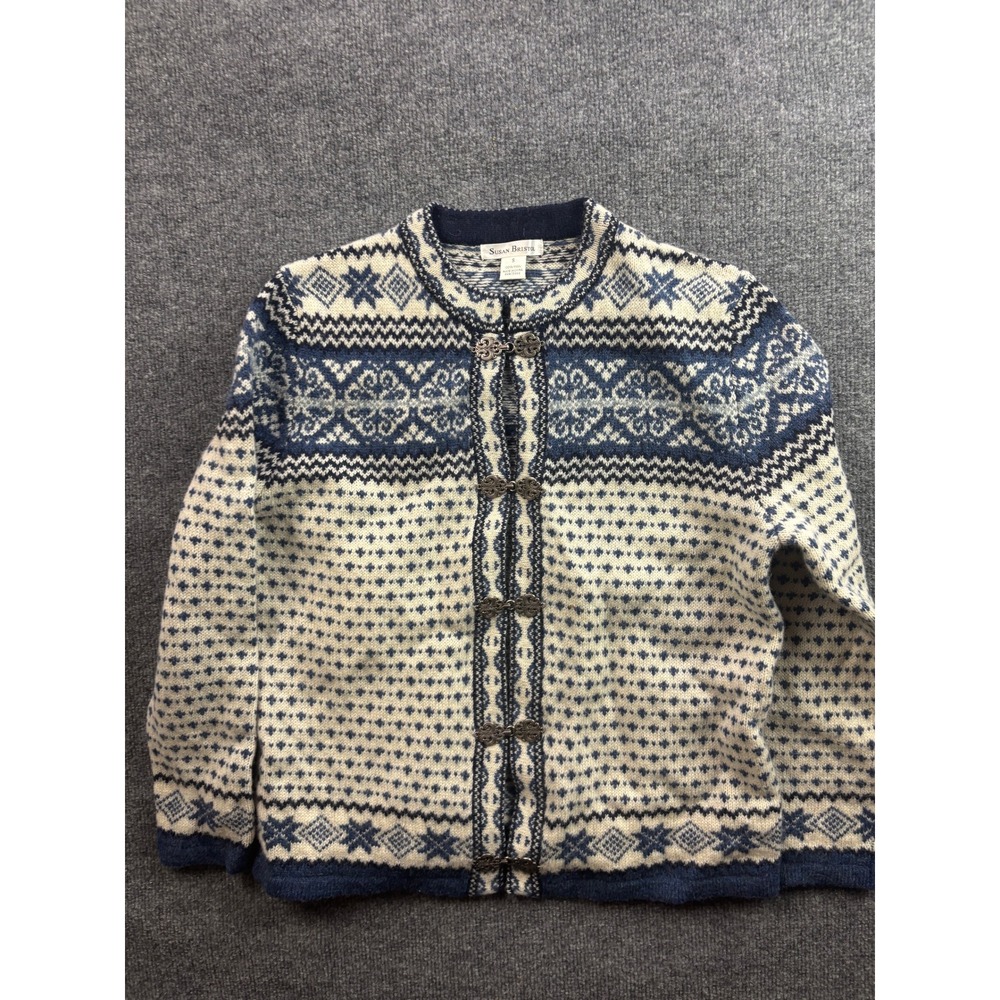 Susan Bristol Cardigan Sweater Womens Small Blue Wool Fair Isle Nordic Clasps